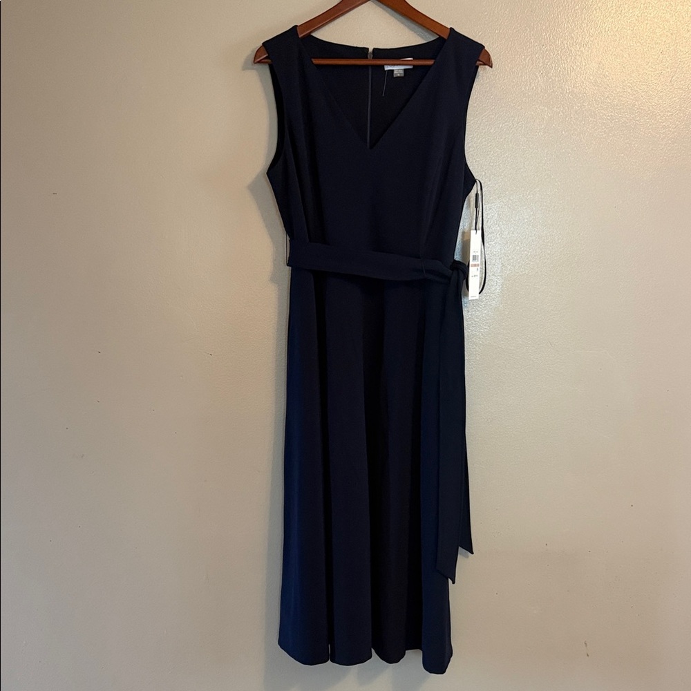 Calvin Klein Navy Sleeveless V-Neck Midi Dress with Waist Tie